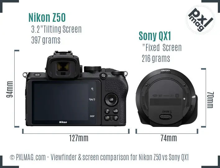 Nikon Z50 vs Sony QX1 Screen and Viewfinder comparison
