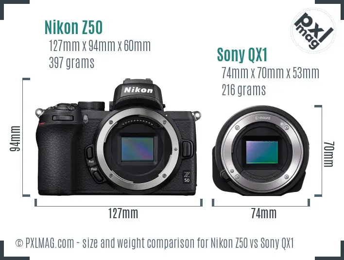 Nikon Z50 vs Sony QX1 size comparison