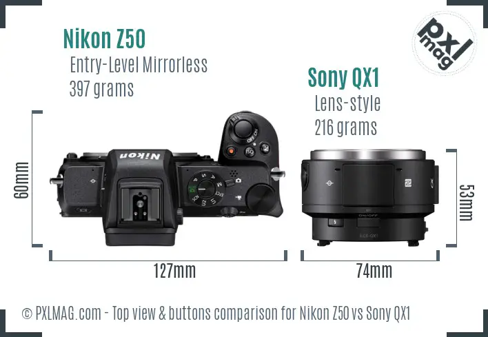 Nikon Z50 vs Sony QX1 top view buttons comparison