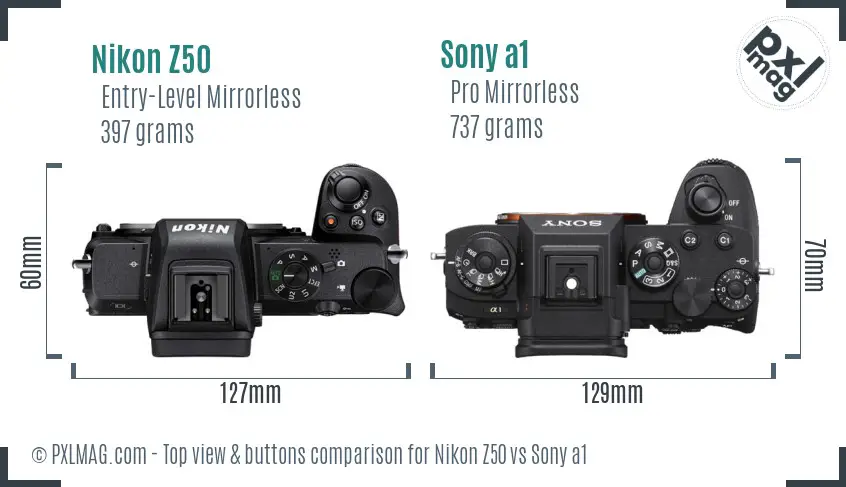 Nikon Z50 vs Sony a1 top view buttons comparison