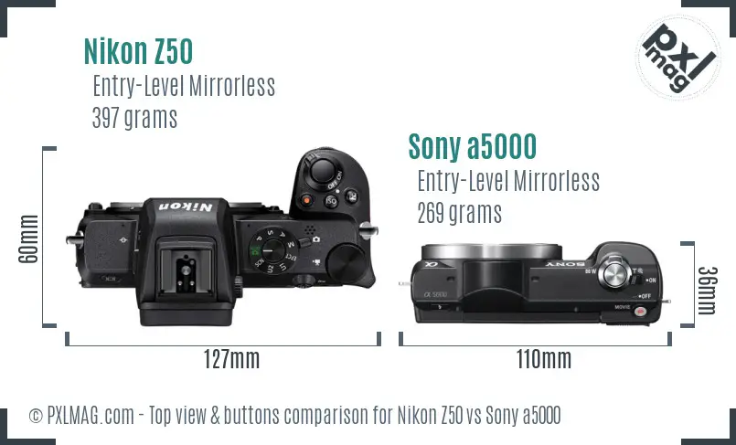 Nikon Z50 vs Sony a5000 top view buttons comparison