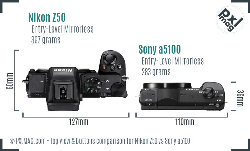 Nikon Z50 vs Sony a5100 top view buttons comparison