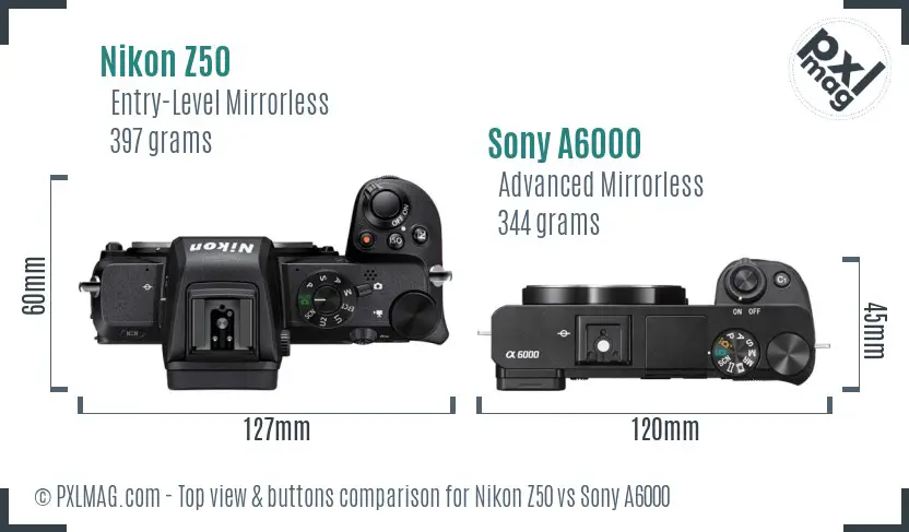 Nikon Z50 vs Sony A6000 top view buttons comparison
