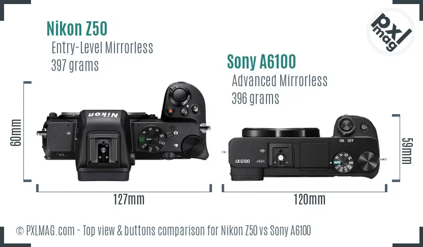 Nikon Z50 vs Sony A6100 top view buttons comparison Nikon Z50 vs Sony A6100 top view buttons comparison