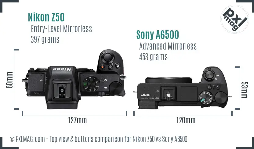 Nikon Z50 vs Sony A6500 top view buttons comparison