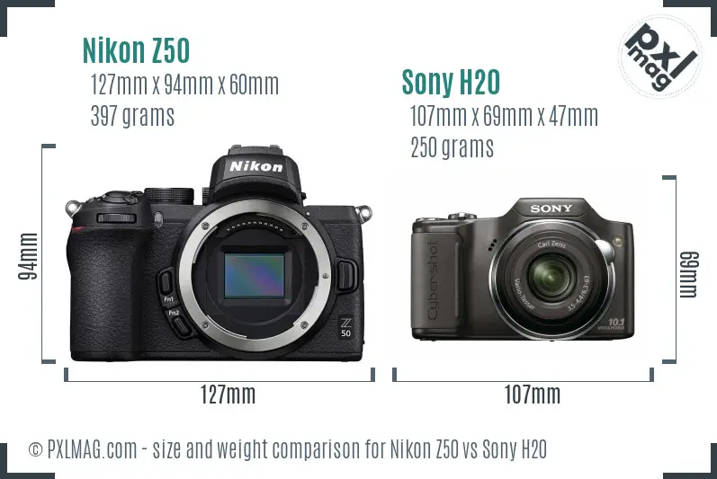 Nikon Z50 vs Sony H20 size comparison