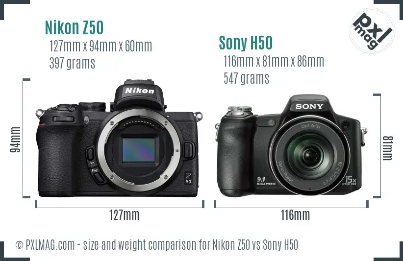 Nikon Z50 vs Sony H50 size comparison