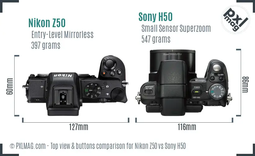 Nikon Z50 vs Sony H50 top view buttons comparison