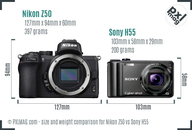 Nikon Z50 vs Sony H55 size comparison