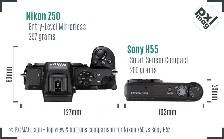 Nikon Z50 vs Sony H55 top view buttons comparison