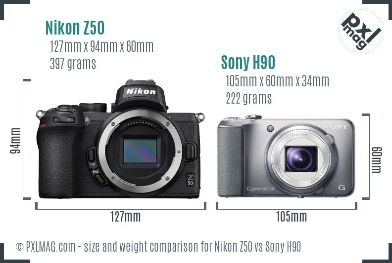 Nikon Z50 vs Sony H90 size comparison
