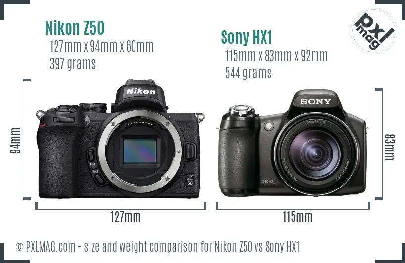 Nikon Z50 vs Sony HX1 size comparison