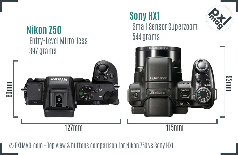 Nikon Z50 vs Sony HX1 top view buttons comparison