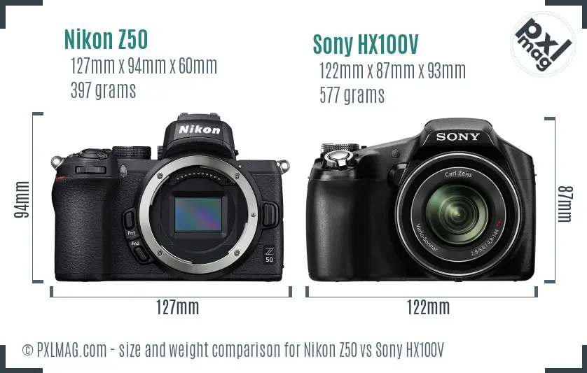 Nikon Z50 vs Sony HX100V size comparison