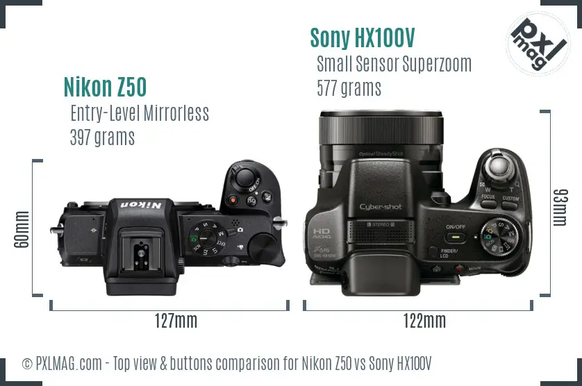 Nikon Z50 vs Sony HX100V top view buttons comparison