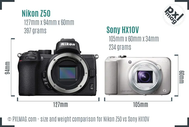 Nikon Z50 vs Sony HX10V size comparison