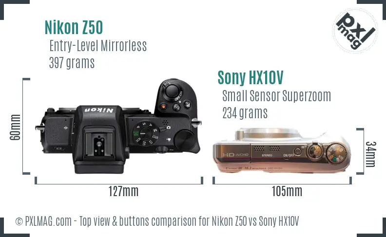 Nikon Z50 vs Sony HX10V top view buttons comparison