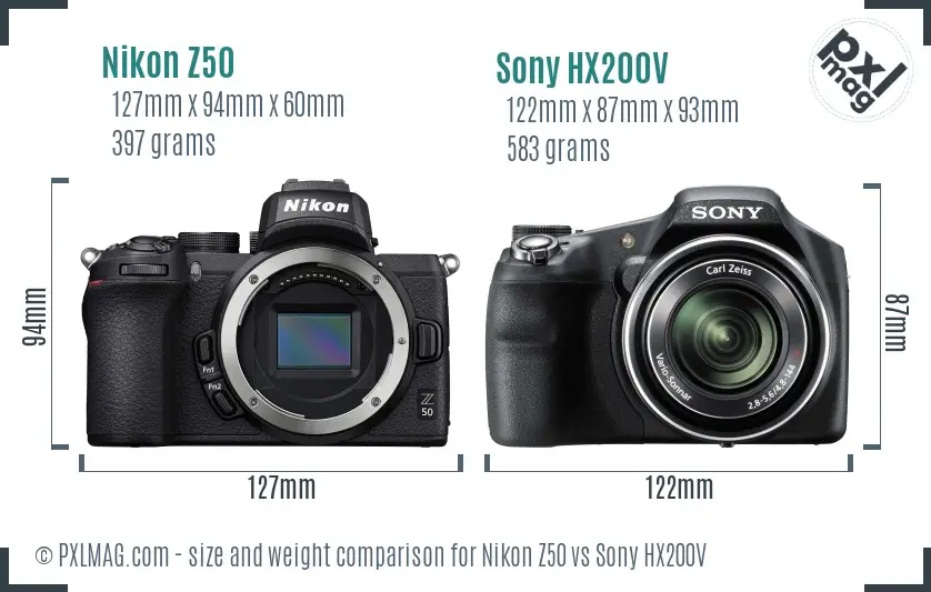 Nikon Z50 vs Sony HX200V size comparison