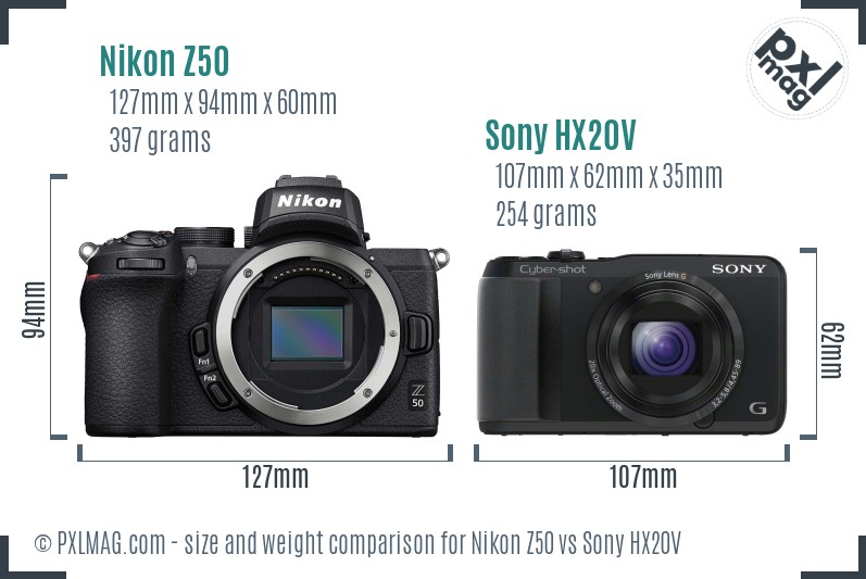 Nikon Z50 vs Sony HX20V size comparison