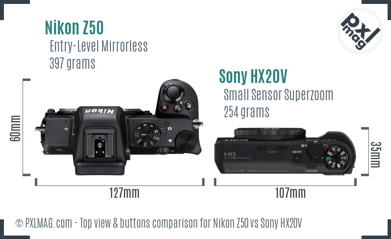 Nikon Z50 vs Sony HX20V top view buttons comparison