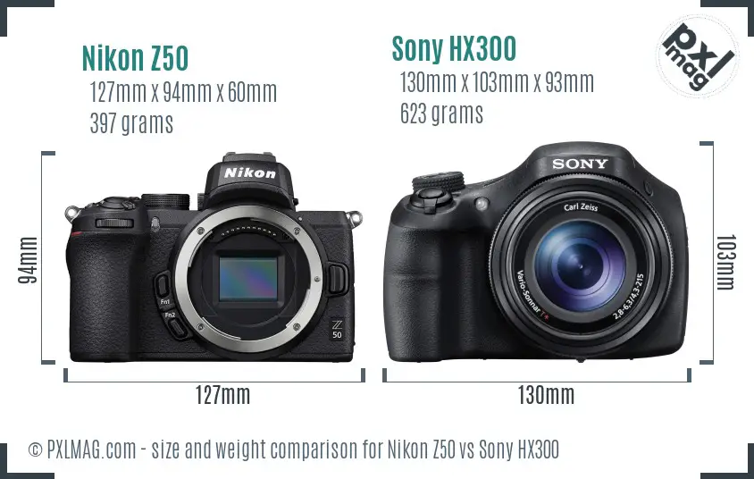 Nikon Z50 vs Sony HX300 size comparison