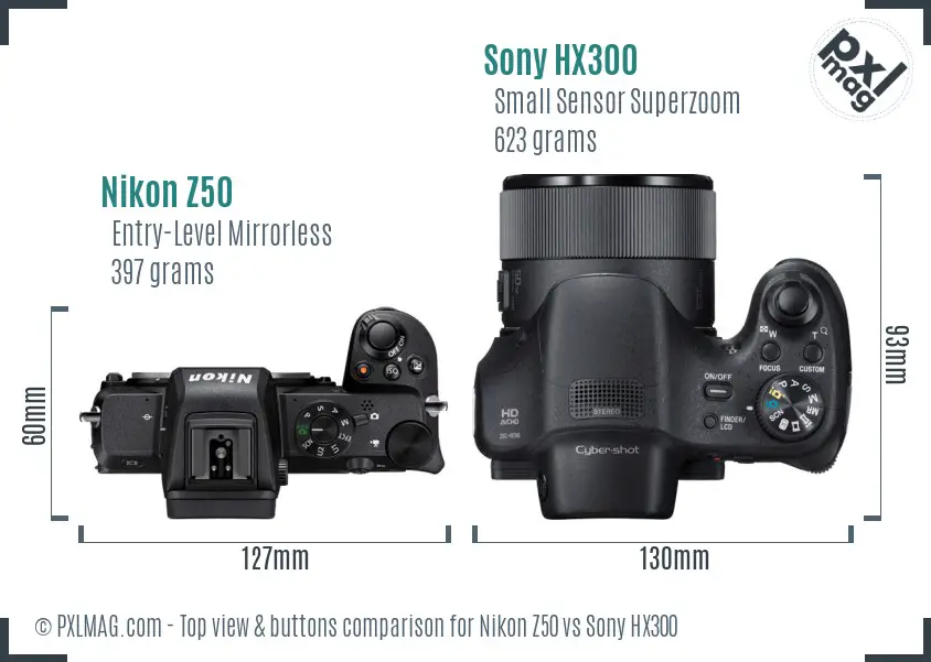 Nikon Z50 vs Sony HX300 top view buttons comparison