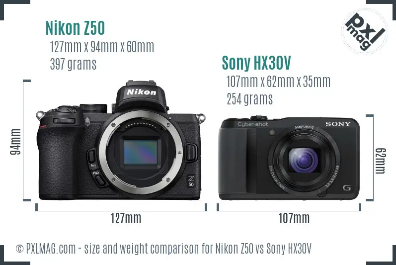 Nikon Z50 vs Sony HX30V size comparison