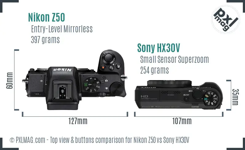Nikon Z50 vs Sony HX30V top view buttons comparison