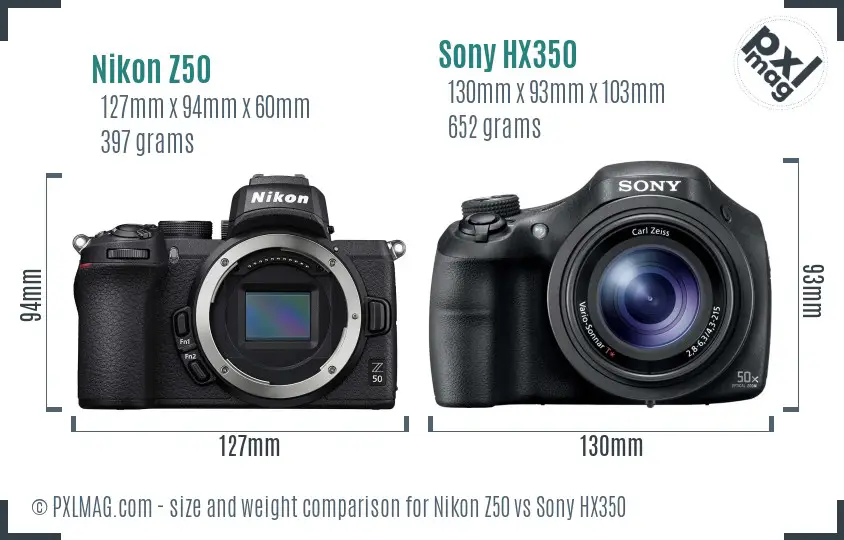 Nikon Z50 vs Sony HX350 size comparison