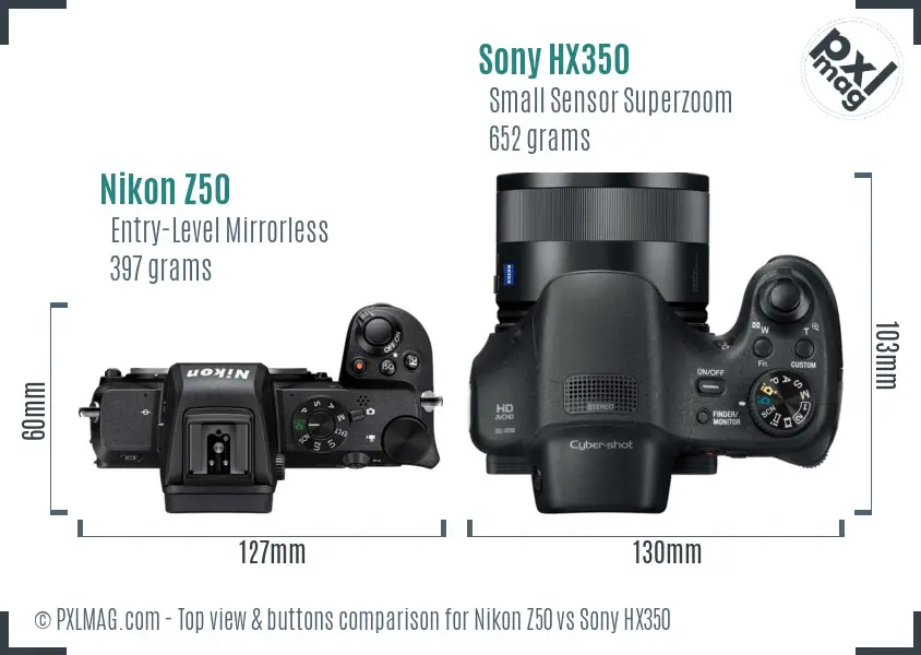 Nikon Z50 vs Sony HX350 top view buttons comparison