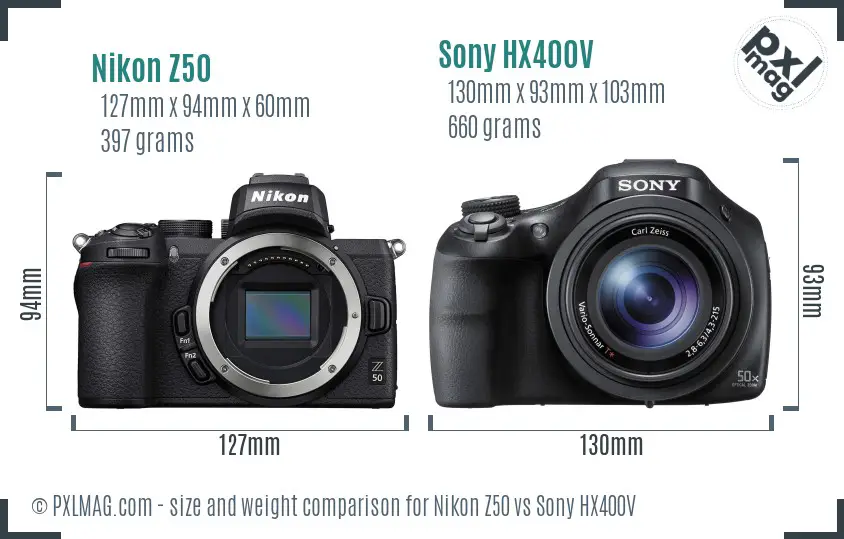 Nikon Z50 vs Sony HX400V size comparison