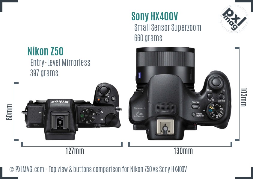 Nikon Z50 vs Sony HX400V top view buttons comparison