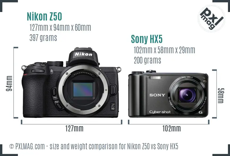 Nikon Z50 vs Sony HX5 size comparison