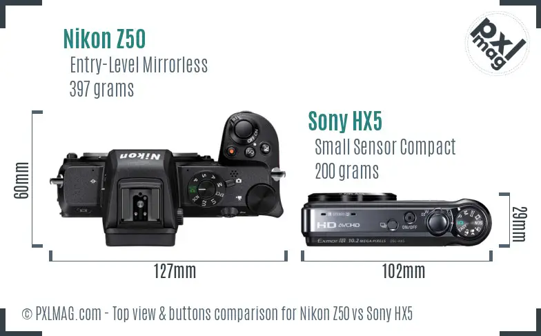 Nikon Z50 vs Sony HX5 top view buttons comparison