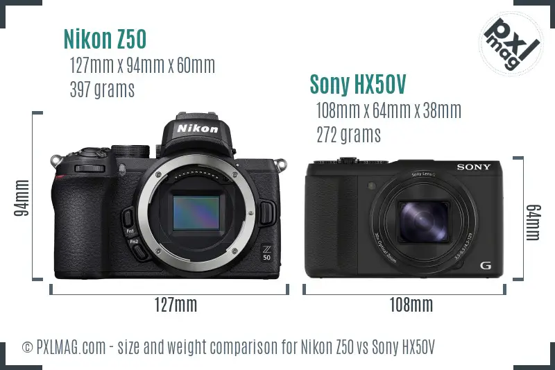 Nikon Z50 vs Sony HX50V size comparison