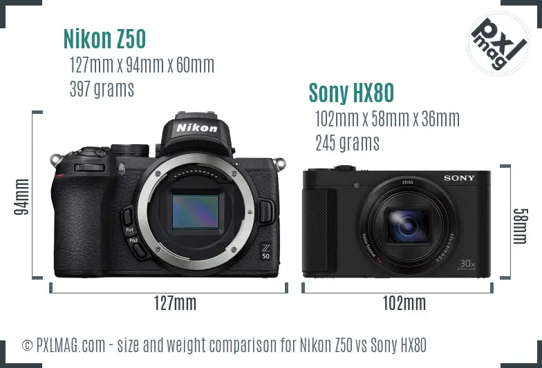 Nikon Z50 vs Sony HX80 size comparison