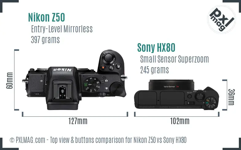 Nikon Z50 vs Sony HX80 top view buttons comparison