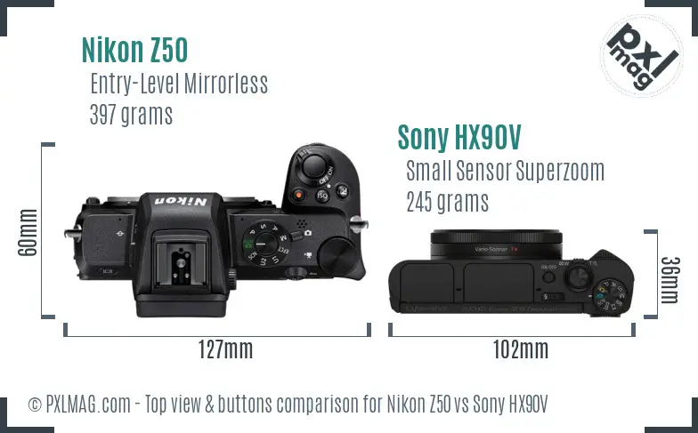 Nikon Z50 vs Sony HX90V top view buttons comparison