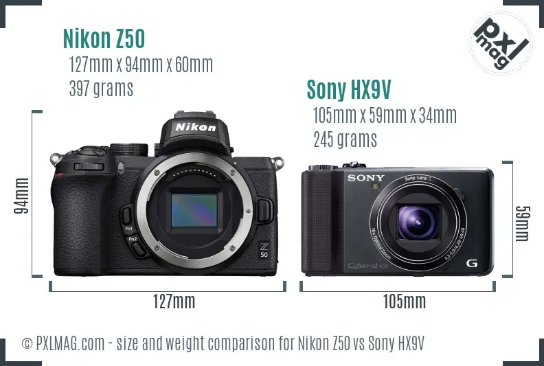 Nikon Z50 vs Sony HX9V size comparison