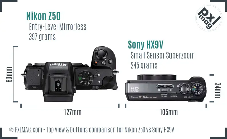 Nikon Z50 vs Sony HX9V top view buttons comparison