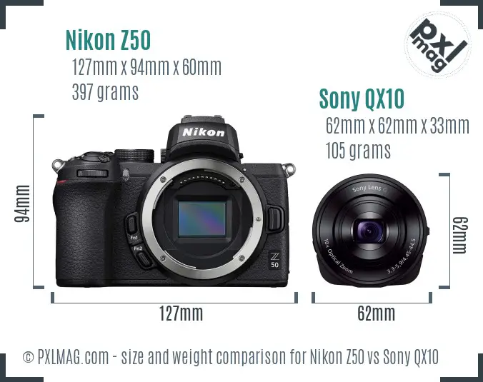 Nikon Z50 vs Sony QX10 size comparison