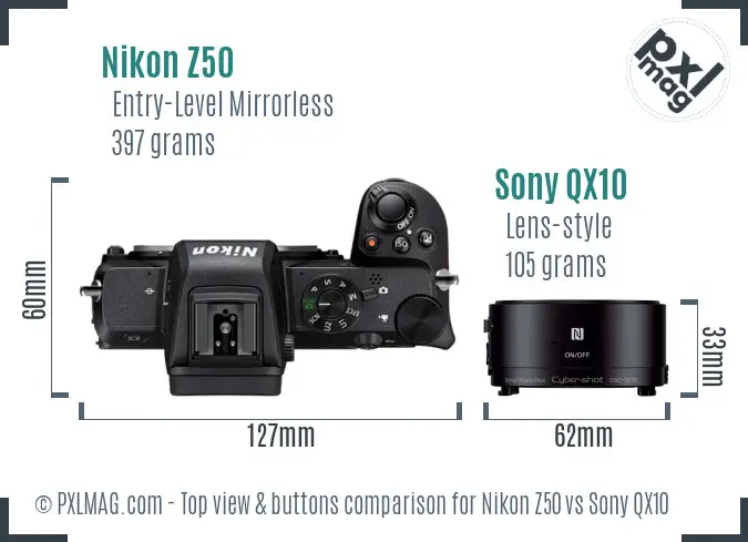 Nikon Z50 vs Sony QX10 top view buttons comparison