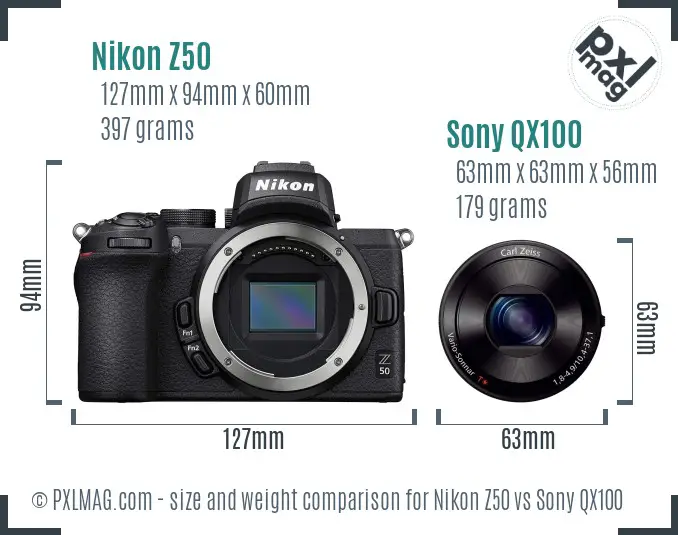 Nikon Z50 vs Sony QX100 size comparison