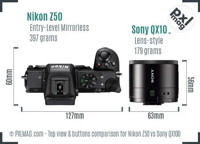 Nikon Z50 vs Sony QX100 top view buttons comparison