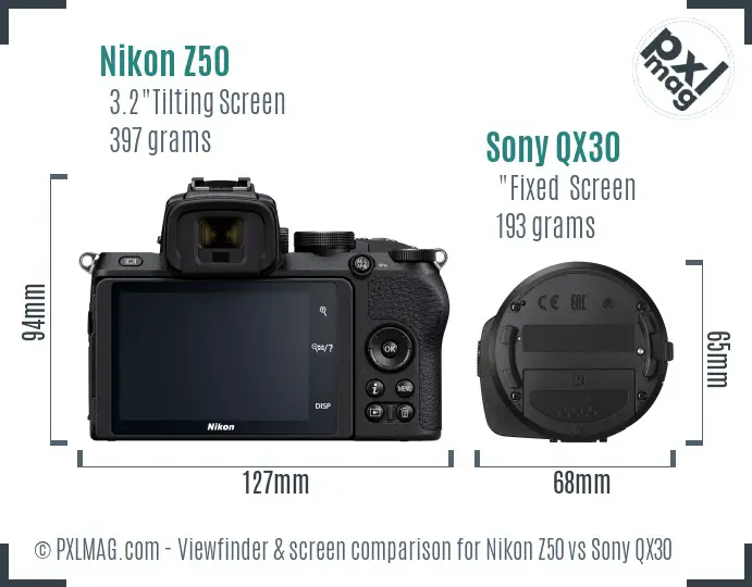 Nikon Z50 vs Sony QX30 Screen and Viewfinder comparison