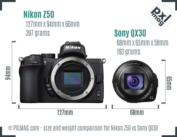 Nikon Z50 vs Sony QX30 size comparison