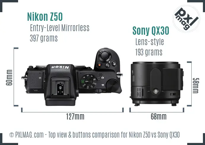 Nikon Z50 vs Sony QX30 top view buttons comparison