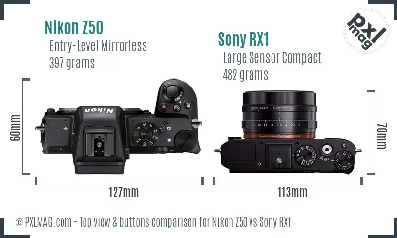 Nikon Z50 vs Sony RX1 top view buttons comparison