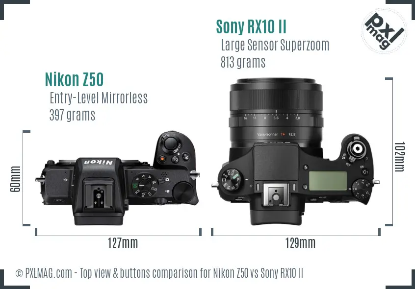 Nikon Z50 vs Sony RX10 II top view buttons comparison