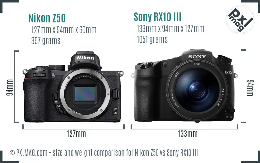 Nikon Z50 vs Sony RX10 III size comparison